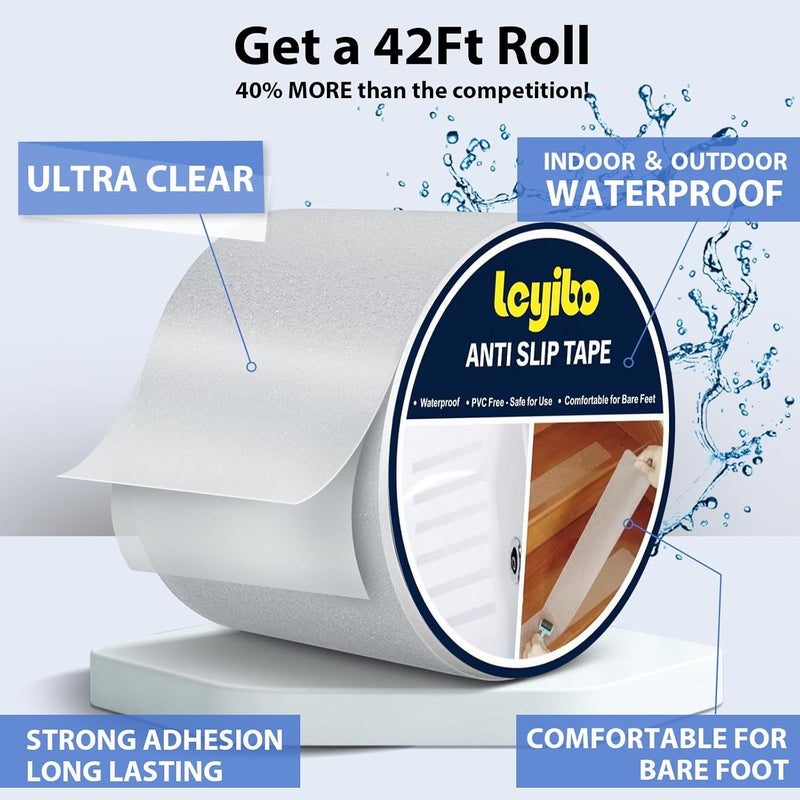 Leyibo Anti Slip Tape Clear Waterproof Outdoor/Indoor, 4" x 42Ft Non Slip Traction Grip Tape for Bathtubs, Boats, Stairs, Pools, Transparent, Soft, Comfortable for Bare Feet (4" X 42') - Image 2